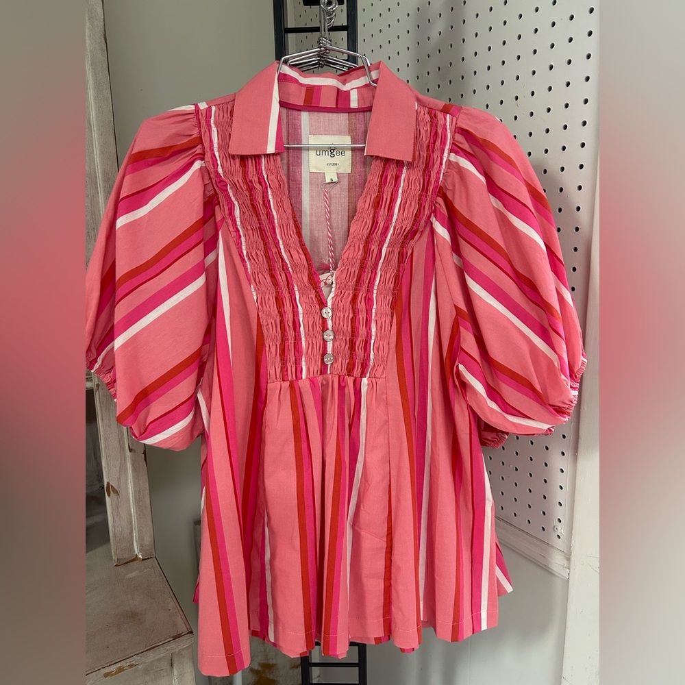 Umgee Coral and Pink Striped Blouse